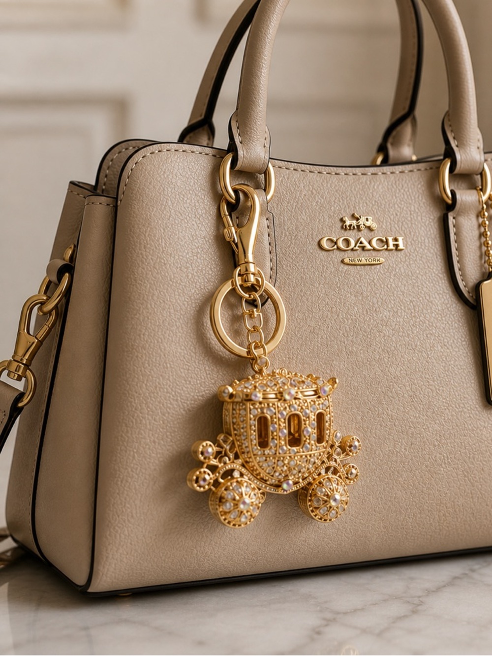 Gold and crystal 3D carriage keychain and bag charm